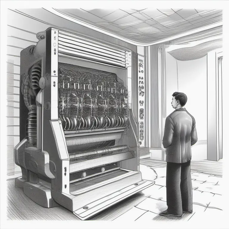 AI generated cartoon of a man facing a large undefined machine.